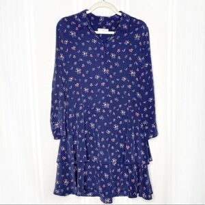Equipment Femme Tiered Floral Natalia Dress Blue 100% Silk Mini Shirt Dress